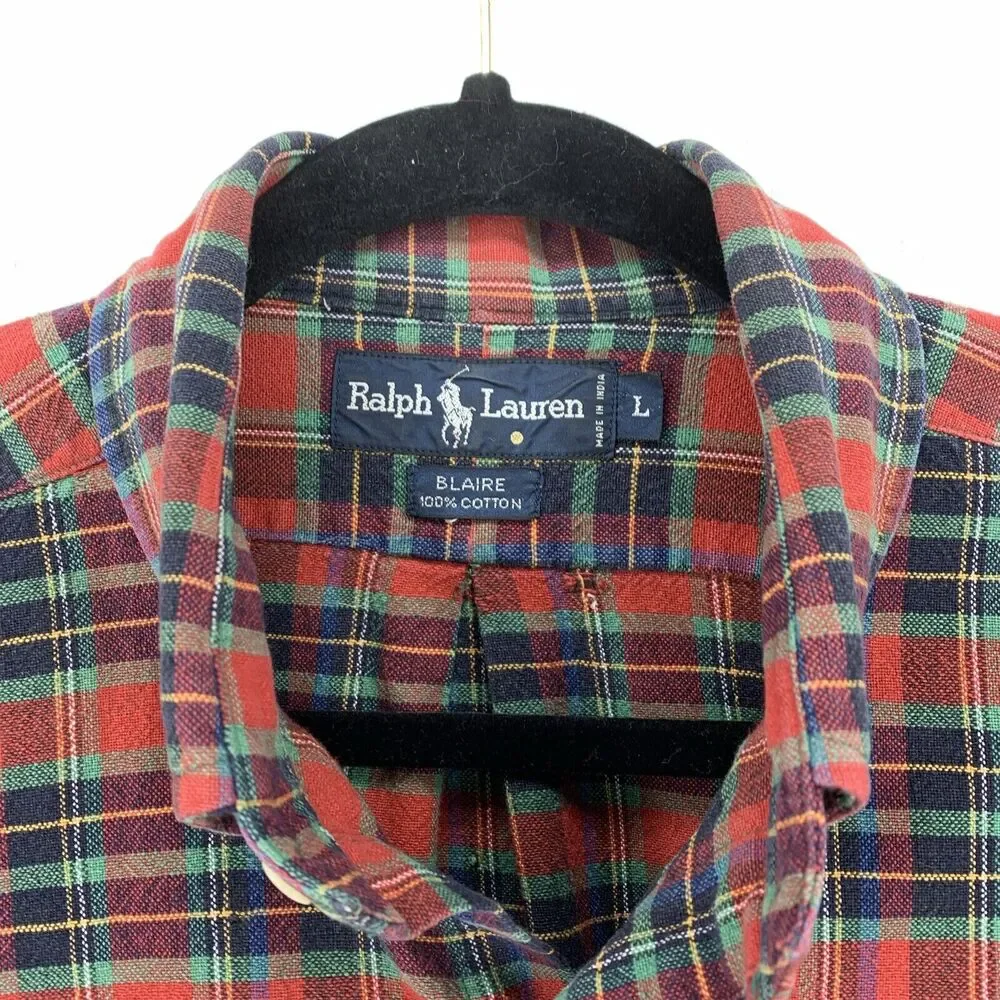 Vtg Ralph Lauren Mens Large Blair Plaid‎ Flannel Button Down Shirt Preppy Casual